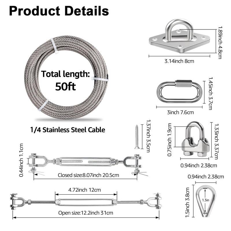 Fologtoo 1/4" Shade Sail Hardware Kit with 50ft 304 Stainless