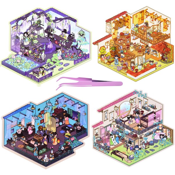 4 Sets Ancient 3D House Stickers with Tweezers DIY 3D