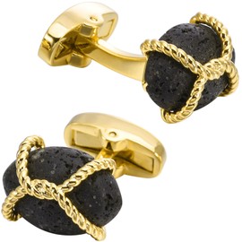 Jonwo Oval Natural Black Lava Rock Cufflinks for Men Lady Silver/Golden Men's Cufflinks Jewelry Set for Wedding Anniversary Business Party Events Tuxedo Dress Shirt (14K Gold Plated)