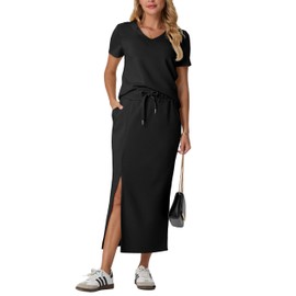 GRECERELLE Summer 2 Piece Sets for Women Casual Short Sleeve Top and Side Slit Midi Skirt with Pockets (Black, Medium)