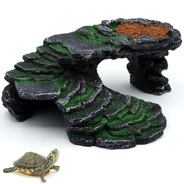 Plateforme de basking pour reptiles - Simulée de roche - Habitat - En résine - Cachette avec bols pour reptiles, lézards, grenouilles, caméléons - Ornement d'aquarium