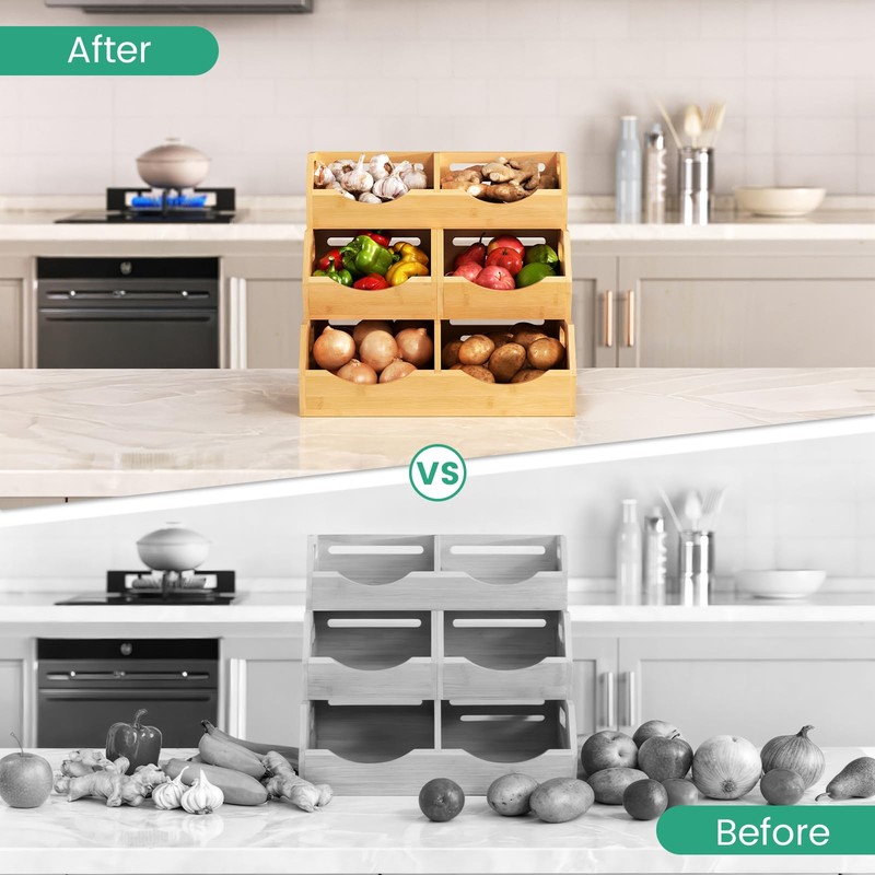 Onion Storage Bins Potato, 3 Tier Bamboo Pantry Storage Bin