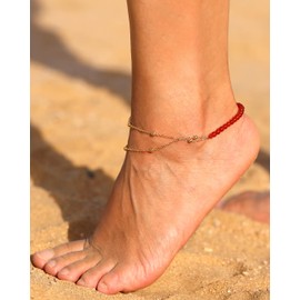 XHUUU Layered Plated 14k Gold Anklet Agate Healing Crystals Ankle Bracelets for Women Simple Beach Anxiety Stress Relief Jewelry(Red Agate)