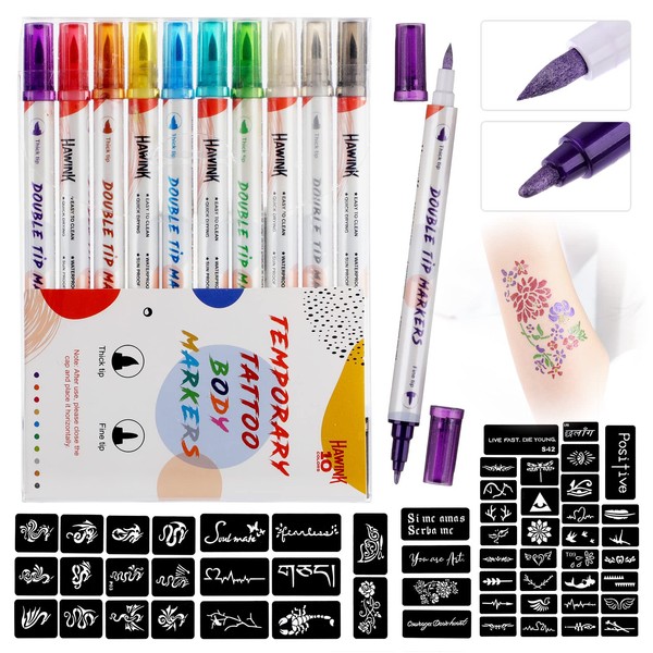 HAWINK Temporary Tattoo Markers for Skin, 10 Body Markers + 20 Large Tattoo Stencils for Kids and Adults, Dual-End Tattoo Pens Make Bold and Fine Lines ZYH2208001KIT