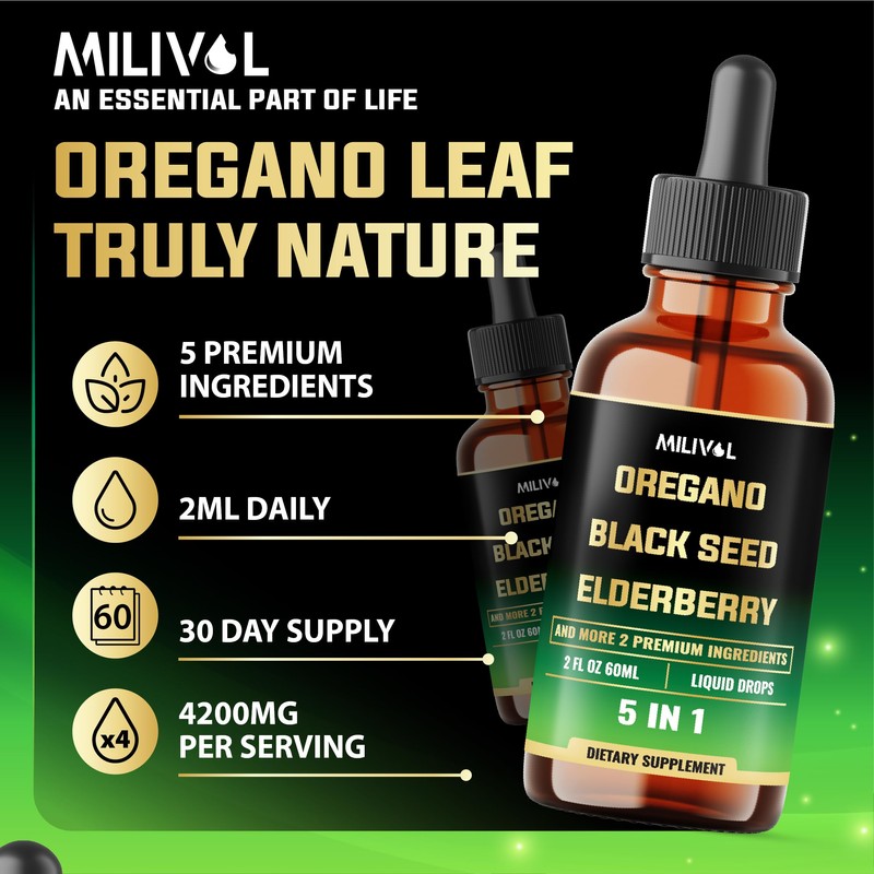 MILIVOL 5in1 Oregano Oil Liquid Drops with Black Seed, Elderberry,