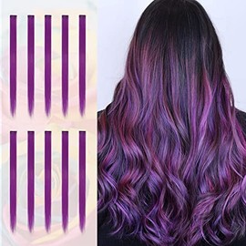 Sofeiyan Colored Hair Extensions Straight Hairpiece 22 Inch 10 Pcs Colorful Clip in Hair Extensions Synthetic Colored Party Highlights for Women, Purple