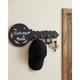 FujDun Wooden Key Holder Wall Mount with 4 Hooks, Black Decorative Key Rack Wall Mount for Entryway, Front Door, Hallway, Kitchen, Office, Home Decor (11.61 x 4.72 inch)