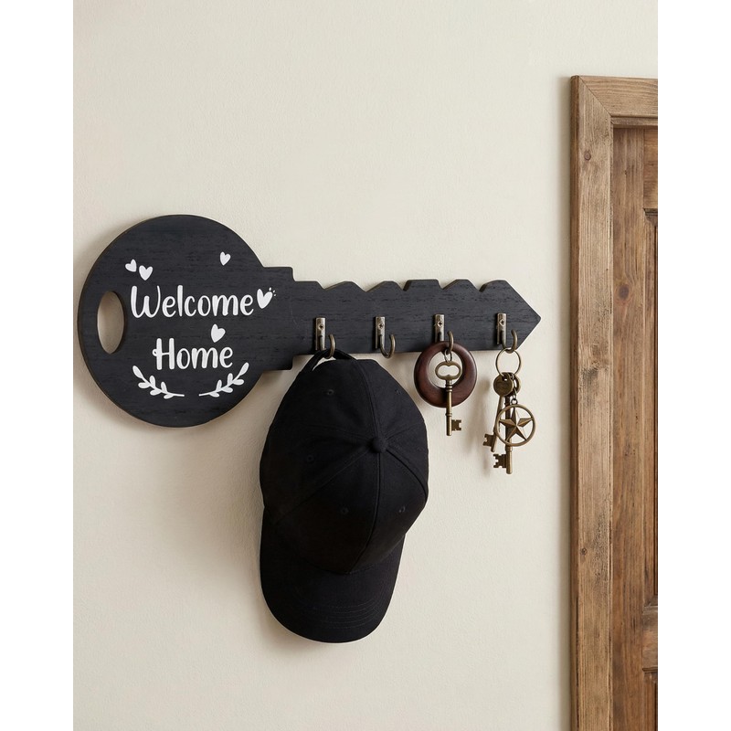 FujDun Wooden Key Holder Wall Mount with 4 Hooks, Black