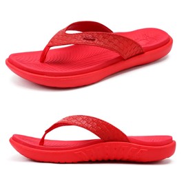 KuaiLu Flip Flops for Women Ladies Yoga Mat Comfortable Sport Walking Thong Sandal With Plantar Fasciitis Arch Support Slip-on Slides Indoor Outdoor For Summer Size 10.5 Red