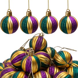 Watayo 24 Pcs Mardi Gras Glitter Ball Ornaments - 1.6" Shatterproof Hanging Balls - Purple, Gold, Green Tree Balls for Mardi Gras Holiday, New Orleans Masquerade Party Decoration