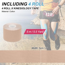 PATIKIL 5.5 Yard x 2 Inch Kinesiology Tape, 4 Roll Adhesive Cotton Sports Muscle Support Tapes Waterproof Elastic Tape for Knee Ankle Wrist Shoulder, Light Skin Color