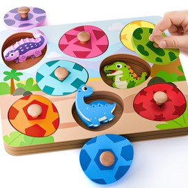 EDUJOY Wooden Dinosaur Puzzles for Toddlers 1-3, Montessori Toys for 1 2 Year Old Boy Birthday Gifts, Dinosaur Matching Eggs Peg Puzzles for Toddlers Age 2-4, Preschool Learning Activities for Girls