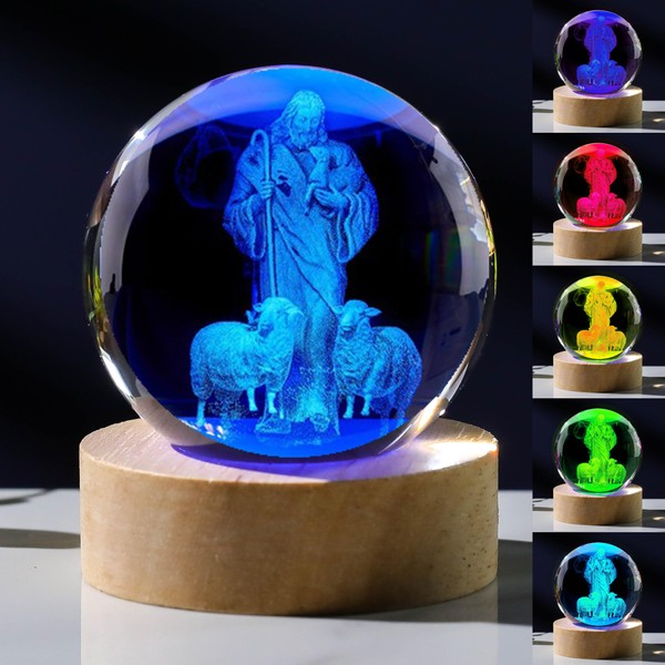 3D Crystal Good Shepherd Statue with Colorful Base Laser Engraved