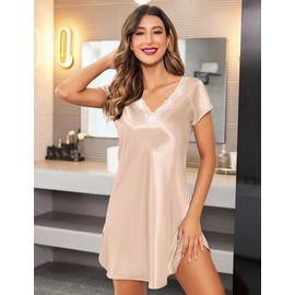 Ekouaer Women's Satin Nightgown Sleepwear Lace V Neck Side Slits Nightie Short Sleeves Nightshirt (Champagne,S)