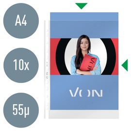 VON Leitz 40273003 Pack of 10 Transparent Document Wallets A4 55 Micron Top Opening High Quality Transparent Plastic Acid Free Punched for Documents and Documents