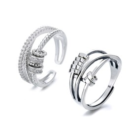 ERLOSYA 2pcs Fidget Band With Beads Spinner Rings for Women,Anti Anxiety Ring Stainless Steel Ring Sand Blast Finish.Unisex Adjustable Stacking Worry Ring (2 Pcs)