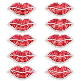 10CS Rhinestone Red Lips Iron On Patches, Bling Diamonds Embroidered Applique, Silver Diamonds Sew On Decorative Emblem, Patches for Backpacks Clothing Repair T-Shirt Jeans Jacket Hats DIY Art Crafts