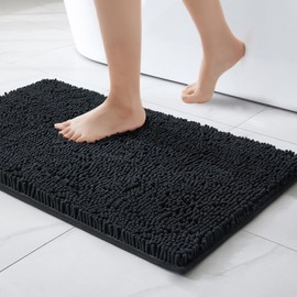 MIULEE 40 x 60 cm Chenille Bath Mat Non-Slip Bath Mat Bath Mat Non-Slip Washable Absorbent Shower Mat for Bathroom Black