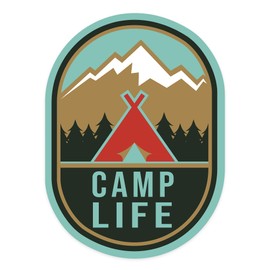 Die Cut Sticker Camp Life, Tent and Mountains, Vinyl Sticker 3 to 6 inches, (Waterproof Decal for Cars, Water Bottles, Laptops, Coolers), Large
