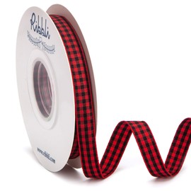 Ribbli Red and Black Gingham Ribbon,3/8 Inches x Continuous 25 Yards,100% Polyester Woven Edge,Plaid Ribbon,Check Ribbon,Buffalo Checked