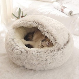 Nobrands Fluffy Cat Bed, Round, Soft Plush, Cave with Hood, Cat Bed, for Winter, Warm Sleeping Pillow, Non-Slip, Machine Washable for Cats and Puppies