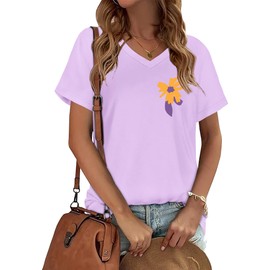 Womens T Shirts V Neck Short Sleeve Summer Tops Casual Basic Tees, Purple Yellow Flower, L