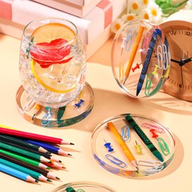 Hushee 4 Pcs Teacher Appreciation Gifts Bulk Teacher Appreciation Coasters Resin Pencil Crayon Coasters Reusable Waterproof Back to School Decorations Thank You Gifts for School Coffee Table Supplies