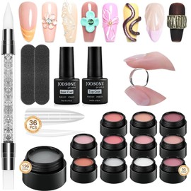 JODSONE 12Pcs 5g Hard Gel Nail Solid Builder Gel Non-Stick Sculpting 3D Sculpting Non-Stick Hand Carving UV/LED Extensions with 36 Pcs Extensions for Lengthening Auxiliary Nails