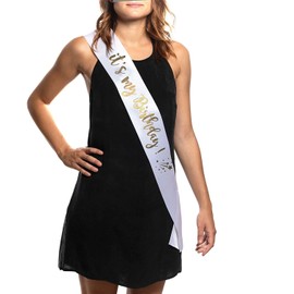 Happium Birthday Sash, It’s My Birthday Satin Sash for Birthday Sash Happy Birthday Decoration Party Sash Satin Gold on White