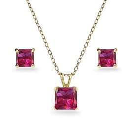 B. BRILLIANT Yellow Gold Flashed Sterling Silver Synthetic Ruby Square Solitaire Necklace & Stud Earrings Jewelry Set