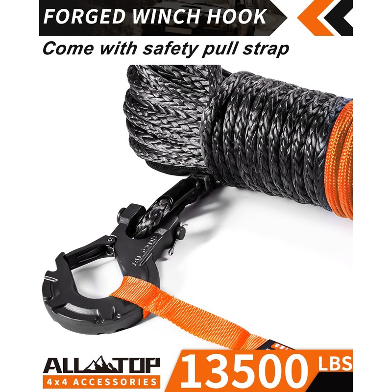 ALL-TOP Synthetic Winch Rope w/Hook & Isolator, 3/16in x 50ft,