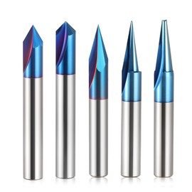 Trvoxviq 5PCS CNC Wood Carving Router Bits Set 1/4'' Shank, 15°Detail Carving Liner+ 20° Profile bit+30°+60°+ 90°V Groove Router Bit Set with Nano Blue Coating CNC Milling Cutter Engraving Router