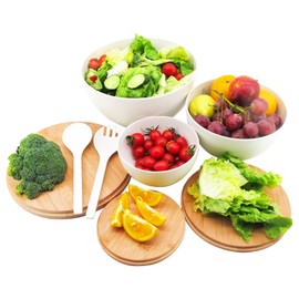 ECOWAY Salad Bowls Set of 3 with Lid & Serving Utensils, Bamboo Fiber Mixing Bowls Set Large Serving Bowls & Storage Set with Bamboo Lid for Salad, Kitchen Eating, Pasta, Popcorn, Chips, Fruit, White