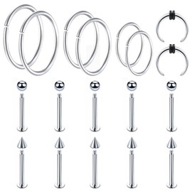 TPTGIAR 18-Piece Nose Piercing Ring Set, Stainless Steel Piercing Ear, Septum Piercing Set, 8 mm, 10 mm, 12 mm, Nose Ring Piercing for Navel, Tongue, Nipple, Eyebrow, Lip, Women and Men, Stainless