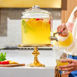 1 Gallon Beverage Dispenser with Stainless Steel Spigot + Marker & Chalkboard 100% Leakproof Glass Drink Dispenser for Parties with Spout, Airtight Beverage Serveware for Water, Juice, Laundry