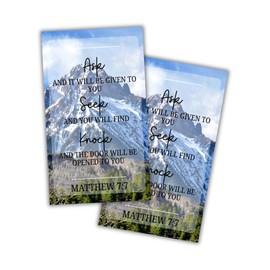 Matthew 7:7-8 Prayer Wallet Card 30pk 2x3.5” Ask, Seek, Knock, Bulk Hand Out Encouragement Bible Verse Scripture Take With You Mountains