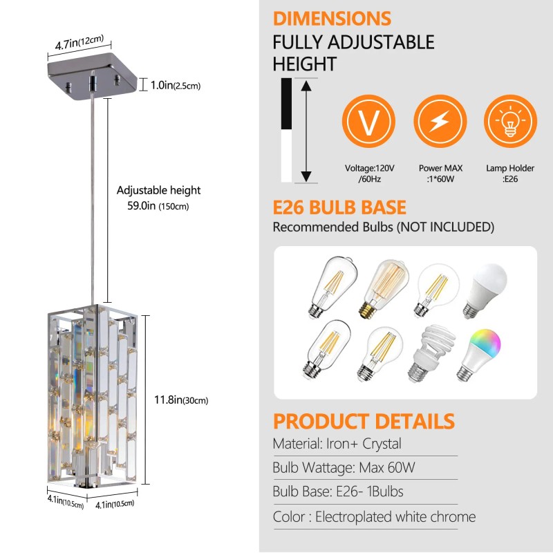 Modern 4\" Crystal Pendant Light 3-Pack Adjustable Hanging Ceiling Lamp