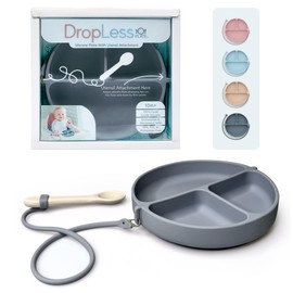 DropLess Plate – Silicone Baby Plate with Suction & Utensil Tether | No More Dropped Spoons or Forks | Toddler Suction Plate | BPA-Free | Microwave & Dishwasher Safe | 100% Food Grade | Gray