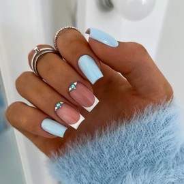Blue Press on Nails Medium Fake Nails Square False Nails with Rhinestone Designs Full Cover Acrylic Nails French Tip Press on Nails Glossy Stick on Nails Cute Glue on Nails for Women Girls Manicure