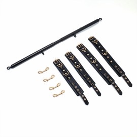 Black Heavy Duty Stainless Steel Expandable Spreader Bar with 4pcs PU Black-Gold TiaoZI Adjustable Straps, Yoga Pilate Bar for Bedroom, Home Exercise Bar Sports Training Fitness Gear