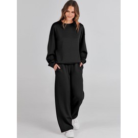 Caracilia Women's 2 Piece Outfits Sweatsuit Fall Crewneck Sweatshirts Wide Leg Pants Lounge Matching Sweat Sets Tracksuit Black Medium