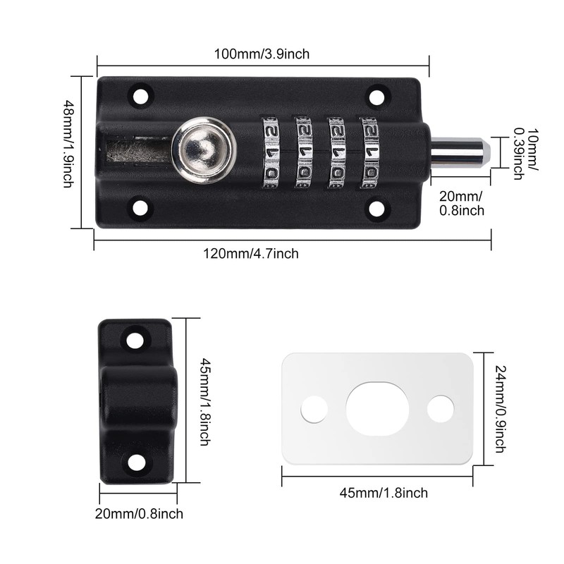 Combination Bolt Door Lock, 4-Digit Combination Lock, Gate Bolt with