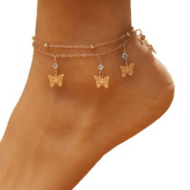 YienDoo Boho Layered Crystal Butterfly Anklet Bracelet Gold Butterfly Pendant Ankle Chain Beads Satellite Foot Chain Hawaiian Beach Hollow Butterfly Foot Jewelry for Women and Girls