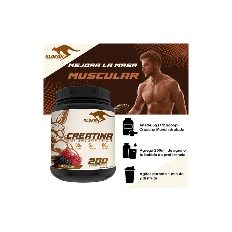 Creatina Monohidratada 1kg Klokan 200 Servicios Sabores