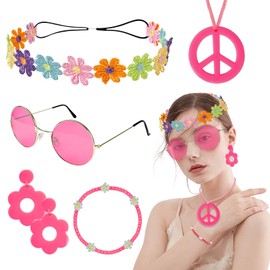 HyperFun Hippie Costume Accessories Set Peace Sign Necklace Sunglasses Flower Headband Earrings For 60s 70s Outfit Party Women