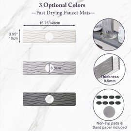 WIFORH Stone Faucet Mat for Kitchen Sink, 40cm Flow Design Long Diatomite Fast Drying Hard Sink Tray, Diatom Mud Absorbent Mat, Tap Splash Guard for Bathroom Kitchen, 40x10cm (Dark Grey)