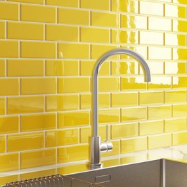 LaCheery Peel and Stick Subway Tile Backsplash Yellow Glossy 18-Sheet 12"x12" Peel and Stick on Backsplash for Bathroom Wall Tile Stickers Waterproof 3D Vinyl Back Splash Tiles for Kitchen Removable