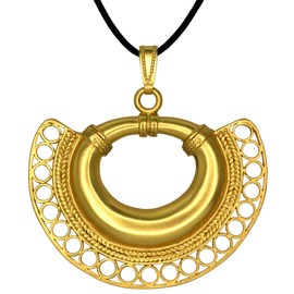 Across The Puddle, Historical Jewelry Collection, 24k Gold Plated Pre-Columbian Tairona Nose Ring with Circles and Braids (L) Pendant Necklace