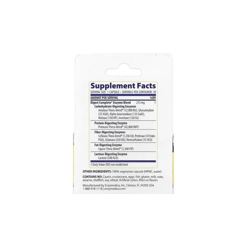 Enzymedica Digest Fórmula Enzimática Completa 30 Caps Sabor Sin Sabor