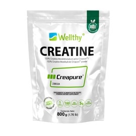 Wellthy Creatina Monohidratada Creapure ® 800g. 100% Pura. Solo 1 Ingrediente Creatina Alemana Creapure®. Vegana, Sin Azúcar, 160 porciones, 5g por porción, Incluye Scoop. Pure. Proven. Perfect.